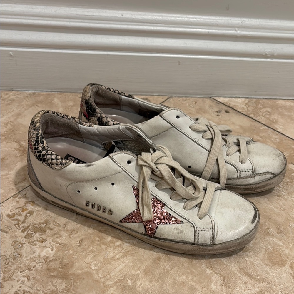 Golden Goose White and Pink Distressed Sneakers